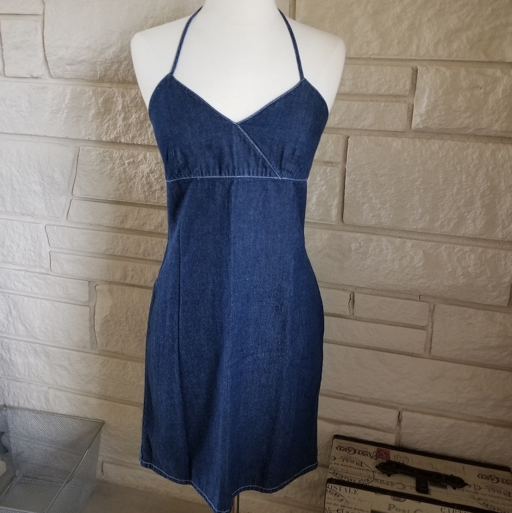 🛑SOLD!🛑 Old Navy Dark Wash Denim Halter Dress - Picture 1 of 6